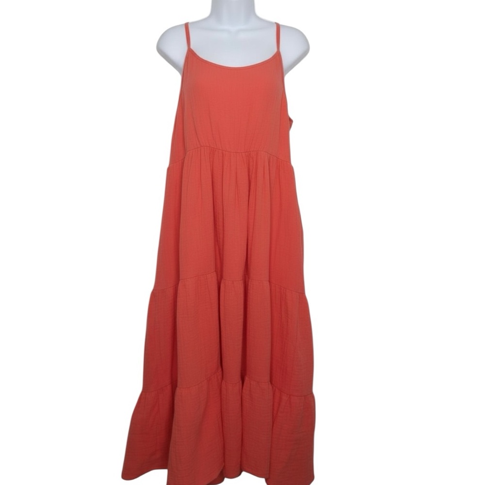 NWT Chelsea & Theodore Bold Orange Tiered Midi Dress, Large